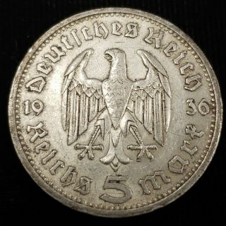 1936 A Germany 5 Reichsmark 13.  8gm.  900 Silver Paul Von Hindenburg Coin 2g5r3608