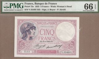 France: 5 Francs Banknote,  (unc Pmg66),  P - 72e,  26.  05.  1933,