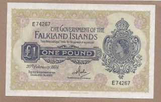 Falkland Islands: 1 Pound Banknote,  (unc),  P - 8b,  20.  02.  1974,