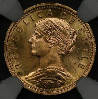 1976 - So Ngc Ms65 Chile Gold 20 Pesos Vines Banner Below Arms Km - 188