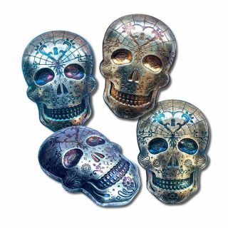 - 10 Oz.  999 Fine Silver Sugar Skull - Day Of The Dead - Keywhole Heart - Bu