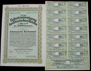 Nazi German Government 10000 Reichsmark Trasury Loan 1940 Uncancelled,  Coupons