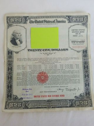 Us War Savings Bond Series E $25 Issued Feb 24 1943 Mulhall Oklahoma