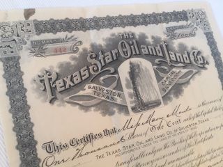 Stock Certificate Texas Star Oil And Land Co 1902 Uncanceled Vf - 308