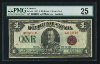 Canada Dc - 25i 1923 B $1 Group 2 Bronze Seal Dominion Of Canada (pmg) Vf - 25 Rare