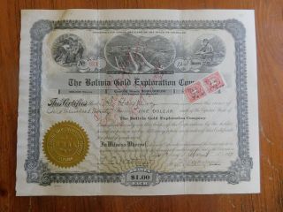 1917 Bolivia Gold Exploration Company Capital Stock Shares Certificate Mining