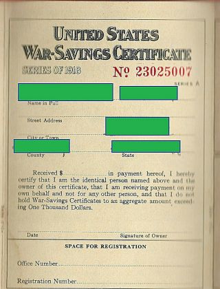 WAR - Savings Certificate STAMP Album WS2 Series of 1918 $5.  00 USA No.  23025007 5