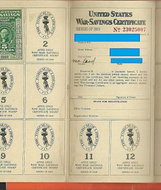 WAR - Savings Certificate STAMP Album WS2 Series of 1918 $5.  00 USA No.  23025007 6