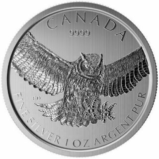 2015 Canada Canadian Great Horned Owl Birds Of Prey 1 Oz.  9999 Fine Silver Coin