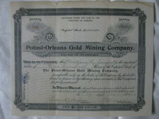 Potosi - Orleans Gold Mining Company 1902 Arizona 500 Share Stock