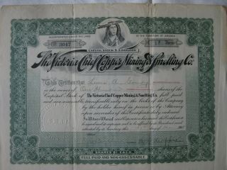 The Victoria Chief Mining And Smelting Company 1908 Arizona 100 Share Stock