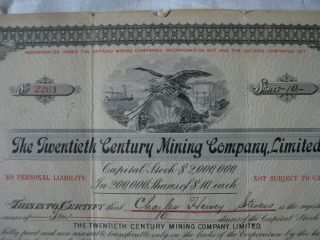 Twentieth Century Mining Company - Ontario 1903 10 Share Stock