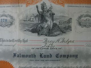 FALMOUTH LAND COMPANY 1908 Massachusetts Commonwealth 50 Share Bond 2