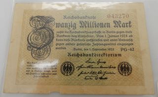 1923 Germany Weimar Republic Reichsbanknote 20 Million Hyper Inflation Bank Note