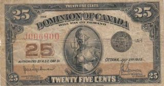 Dominion Of Canada 25 Cents Banknote,  1923,  J006900
