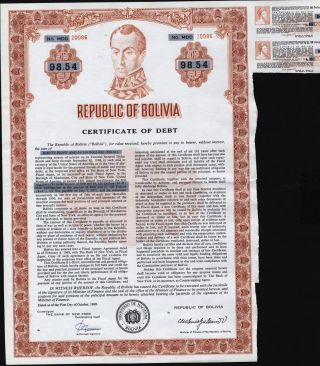 $98.  54 Republic Of Bolivia Certificate Of Debt With 2 Coupons Attached