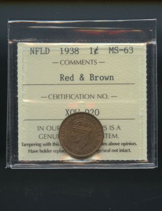 1938 Newfoundland Small Cent Iccs Certified Ms63 Rb Dsp284