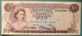 The Bahamas Monetary Authority 1/2 Dollar 50 Cents Note From 1968,  P 26,  Queen