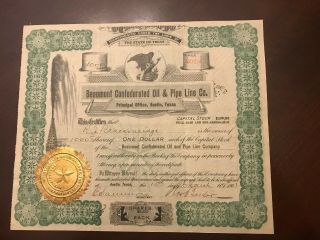 Beaumont Confederated Oil & Pipeline Co 1902 Stock Cert.  Spindletop Era In Tx