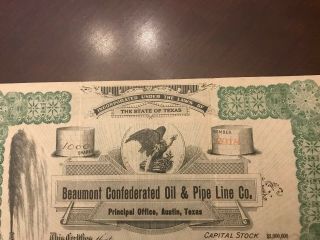 Beaumont Confederated Oil & Pipeline Co 1902 Stock Cert.  Spindletop Era In Tx 2