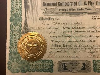 Beaumont Confederated Oil & Pipeline Co 1902 Stock Cert.  Spindletop Era In Tx 3
