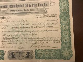 Beaumont Confederated Oil & Pipeline Co 1902 Stock Cert.  Spindletop Era In Tx 4