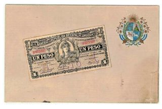 Uruguay Postcard W/ Embossed Coat Of Arms & Uncirculated 1 Peso Note Affixed P - 3