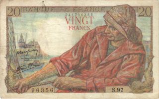 1943 20 Francs France French Currency Banknote Note Money Bank Bill Cash Wwii