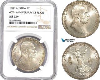 Ad129 - R Austria,  Franz Joseph,  5 Corona 1908,  Silver 60th Anniversary Ngc Ms62,