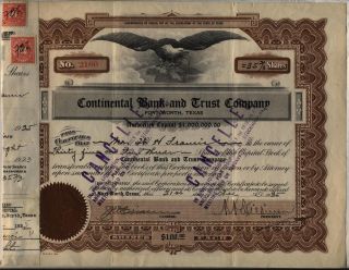 Continental Bank & Trust Stock Certificate Fort Worth Texas