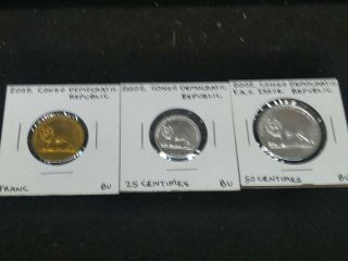 2002 Congo Democratic Republic,  3 Uncircuated Coins,  2 Fao,  Franc,  25 & 50 Cent.