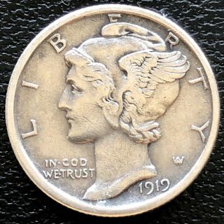 1919 D Mercury Dime 10c Xf Silver 19342