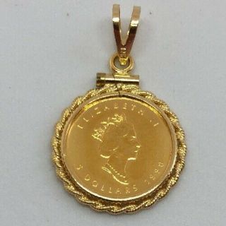 1/10 Oz Canadian Gold Maple Leaf $5 Coin.  9999 Fine Bu 1990 In 14k Rope Bezel