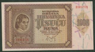 Ww2 Croatia 1941 1000 Kuna Unc Banknote