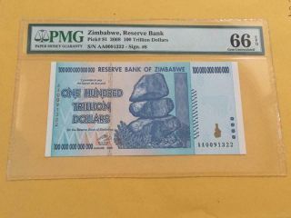 Zimbabwe 2008 Pick 91 100 Trillion Dollors Pmg Graded 66 Epq Gem Unc