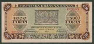 Ww2 Croatia 1943 1000 Kuna Unc Banknote
