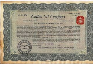 Stock Certificate Caltex Oil Company 1919 Uncancelled State Of York 10 Share