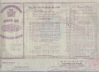 BOLIVIA Republic of Bolivia Military share certificate stock bond 1904 RARE 2