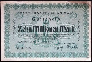 Frankfurt 1923 10 Million Mark Inflation Notgeld German Banknote
