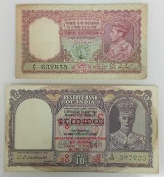513 - 1352 India - Burma Kg Vi 5 & 10 Rupees 1938 & 1945 Taylor & Deshmukh,  Vf