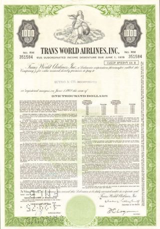 Trans World Airlines $1,  000 Twa Bond Certificate Stock Share