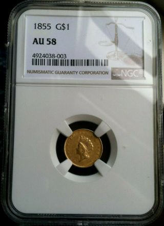 1855 $1 Gold Dollar,  Ngc Au58.  Indian Princess Head,  Type 2.  Coin