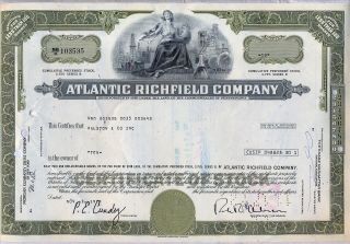 The Atlantic Richfield Company Stock Certificate Oil Refining Bp Olive