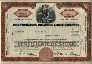 Pennsylvania Power & Light Company Stock Certificate Ppl Allentown Brown