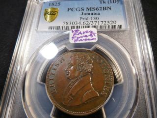 Q140 British Jamaica 1825 Penny Token Prid - 130 Pcgs Ms62 Bn V.  Rare Finest Known