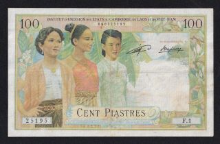 French Indochina Laos 100 Piastres 1954 P - 103