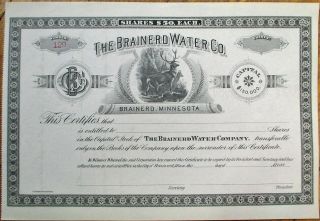 Brainerd Water Company 1880 Stock Certificate - Mn Minnesota Minn