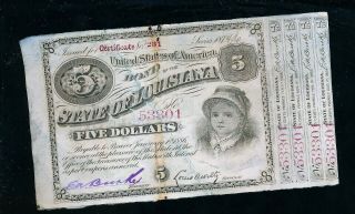 1874 State Of Louisiana $5 Dollars " Baby Bond " Book Hand Signed Shape
