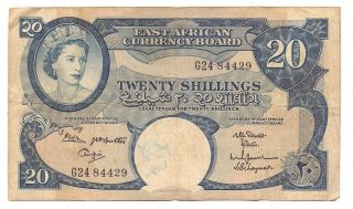1958 East Africa 20 Shillings Bank Note Queen Elizabeth Colonial Paper Money