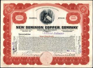Dominion Copper Co.  Of Arizona,  1924,  Uncancelled,  Crisp Stock Certificate